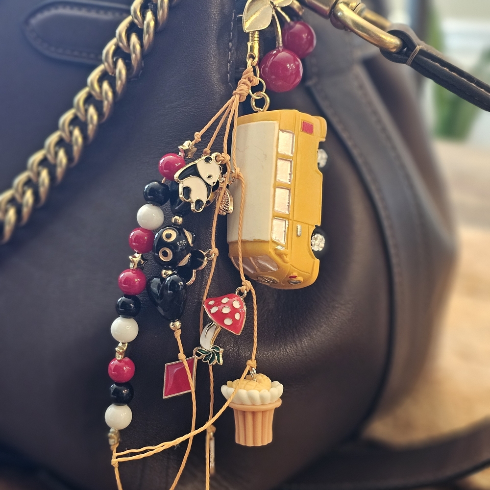 Charming Bag Charm with Yellow Bus and Beads